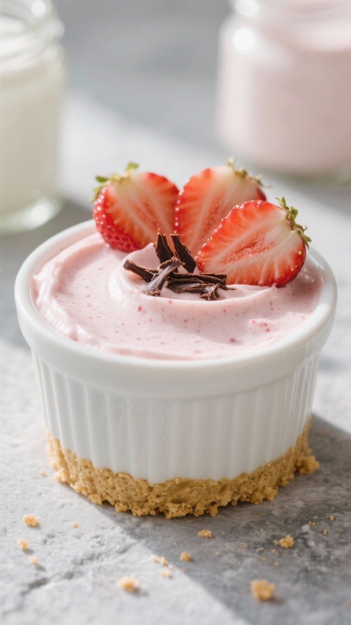 Close-up detail shot: A chilled No-Bake Keto Strawberry Cream Cup with distinct layers—golden, but