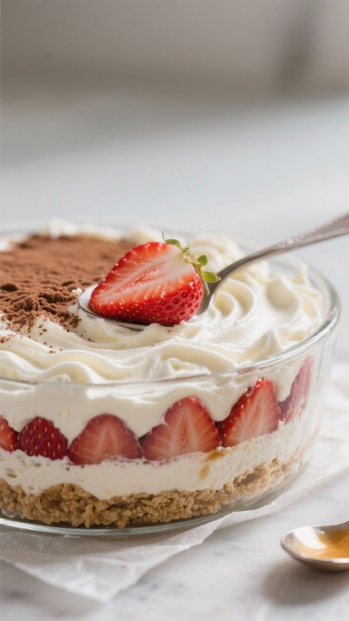 Close-up detail shot: A clean glass dish with the first assembled layers of No-Bake Keto Strawberry