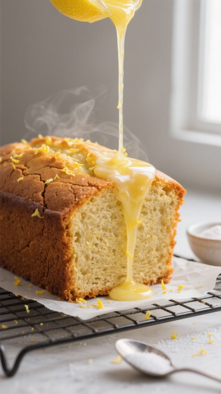 Close-up detail shot: A freshly baked keto lemon loaf cooling on a wire rack, golden top with crackl