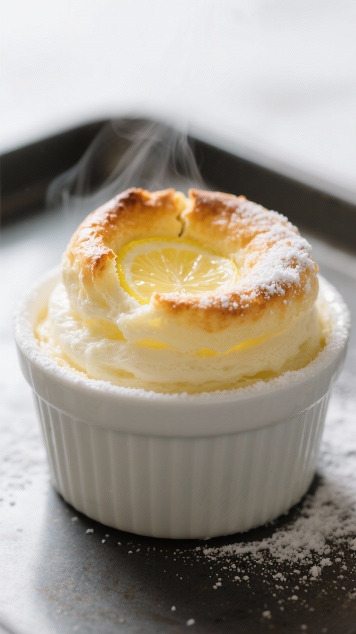 Close-up detail shot: A freshly baked Keto Lemon Soufflé just out of the oven in a white 6-ounce ra
