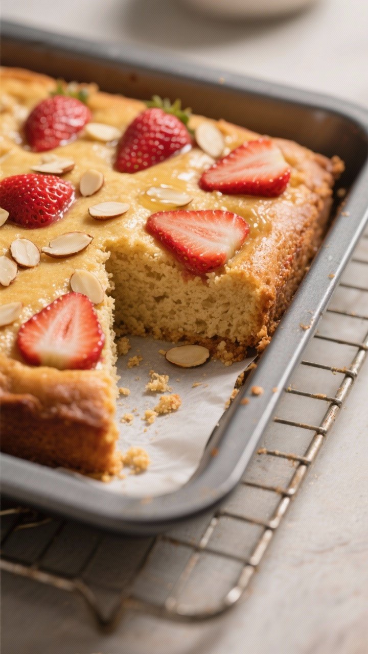 Close-up detail shot: A freshly baked keto strawberry almond cake just out of the pan, cooling on a