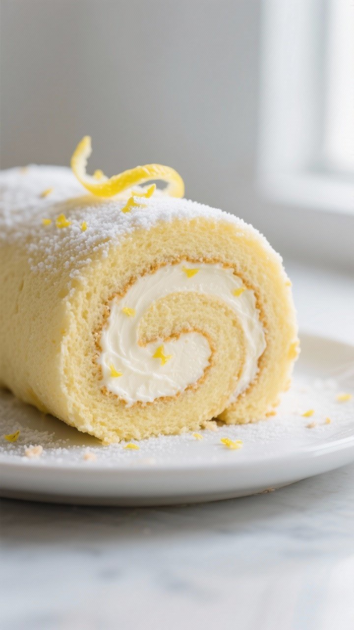 Close-up detail shot: A freshly sliced Keto Lemon Cheesecake Roll showing a tight spiral of pale gol