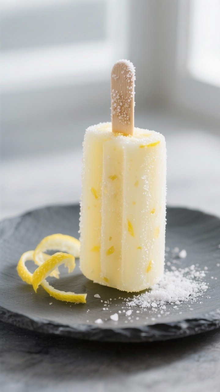 Close-up detail shot: A freshly unmolded Keto Lemon Popsicle held upright on a matte slate plate, it