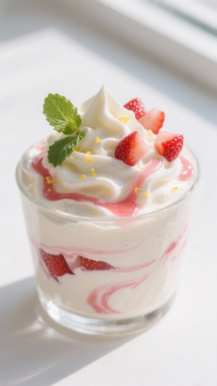 Close-up detail shot: A glass dessert cup filled with creamy keto strawberry fool, showing soft peak