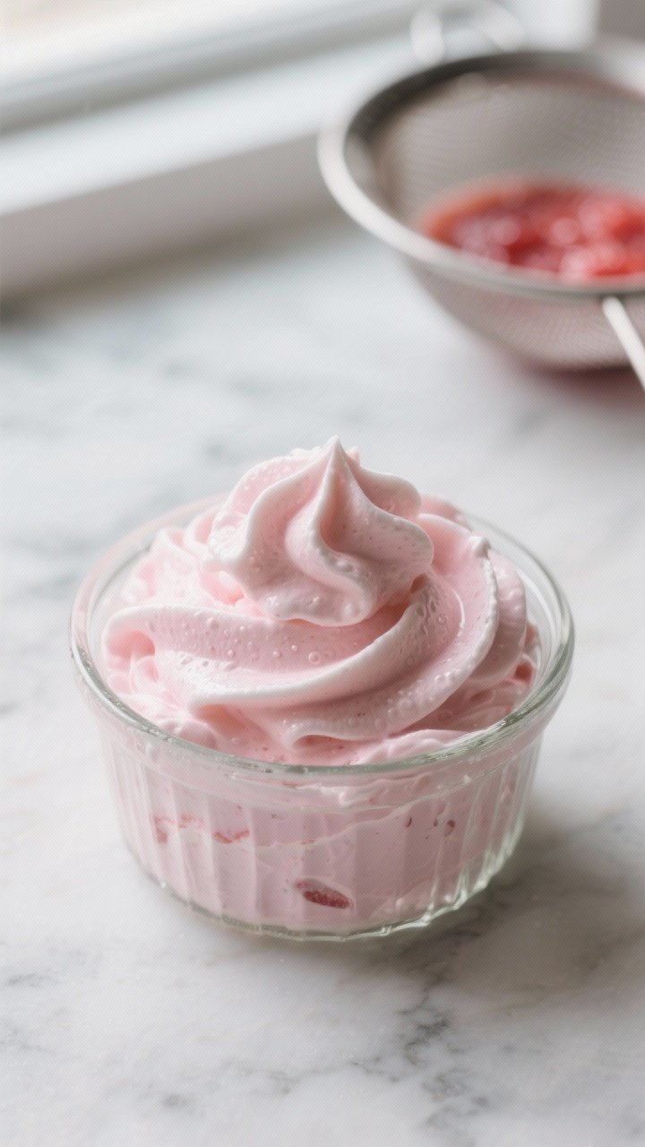 Close-up detail shot: A glass ramekin filled with keto strawberry cloud mousse mid-fold, showing a s
