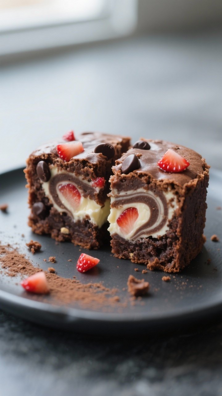 Close-up detail shot: A just-baked keto strawberry cream cheese brownie bite cut in half to reveal t
