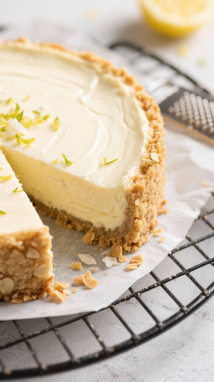 Close-up detail shot: A just-sliced Keto Lemon Coconut Cheesecake on a cooling rack, showing the cre