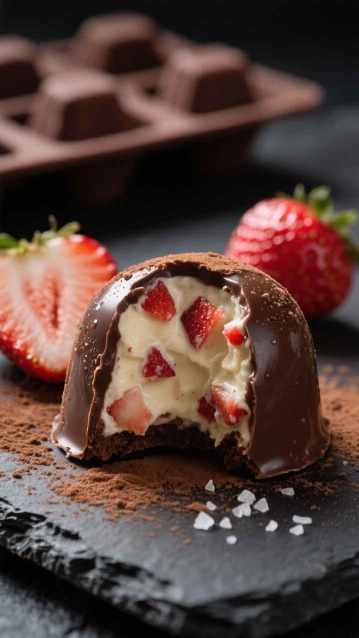 Close-up detail shot: A just-unmolded keto strawberry chocolate fat bomb with a bite taken out to re