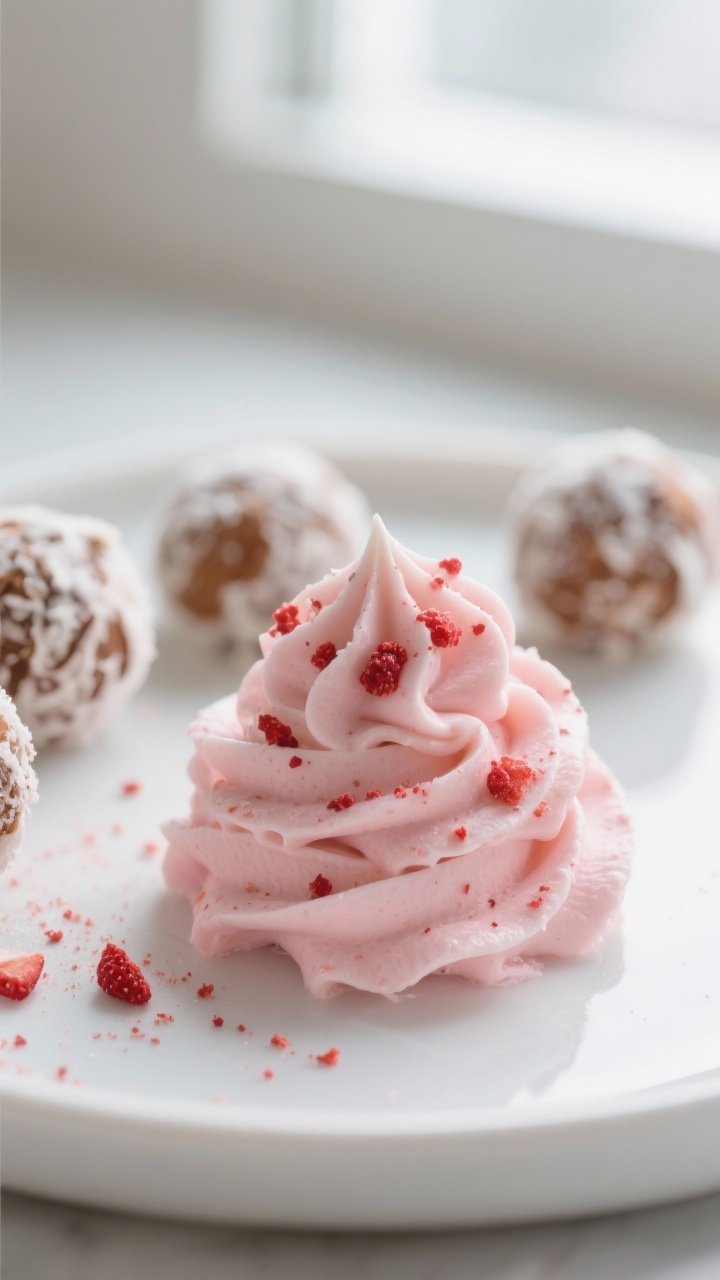 Close-up detail shot: A piped rosette of keto strawberry buttercream fat bomb, swirled through a sta
