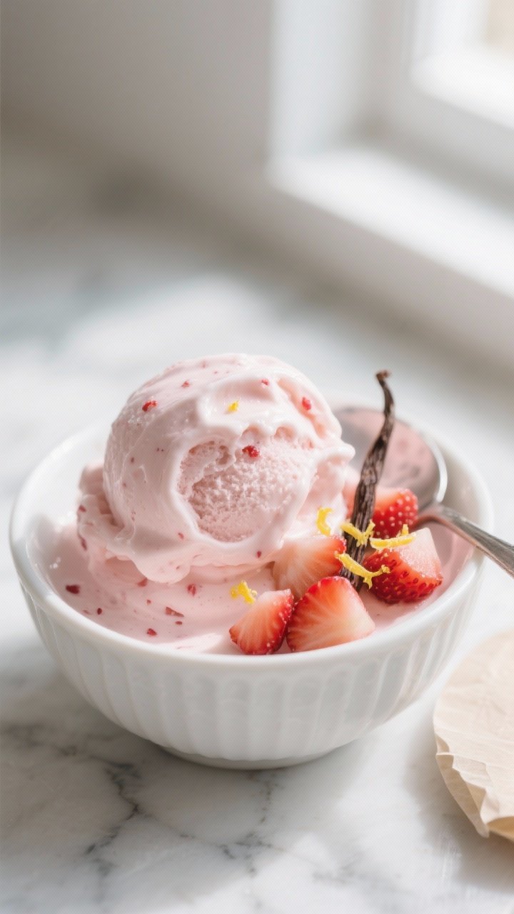 Close-up detail shot: A scoop of creamy keto strawberry frozen yogurt just out of the freezer, showi