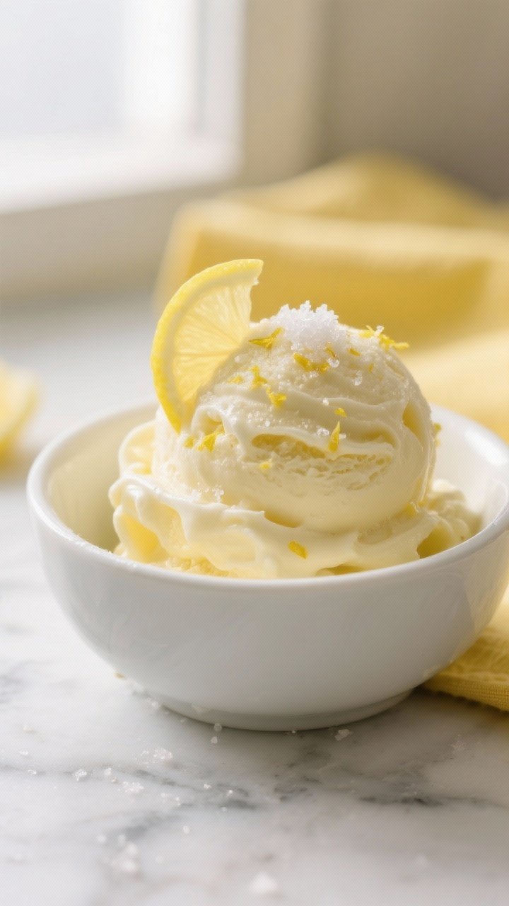 Close-up detail shot: A scoop of keto lemon ice cream just out of the freezer, silky and scoopable w