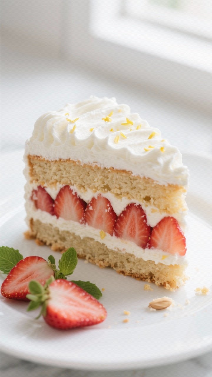 Close-up detail shot: A slice of Keto Strawberry Cream Layer Cake just cut, showing tender almond-an