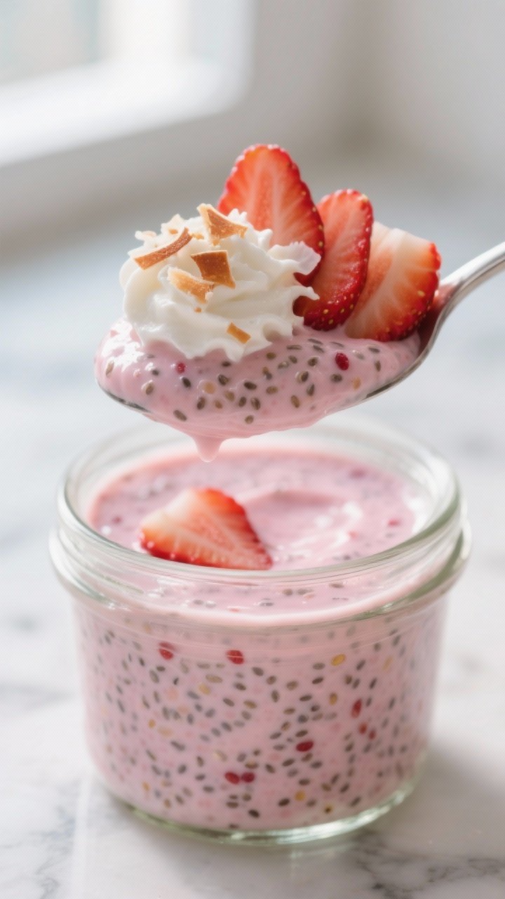 Close-up detail shot: A spoonful of thick, creamy keto strawberry chia pudding being lifted from a c