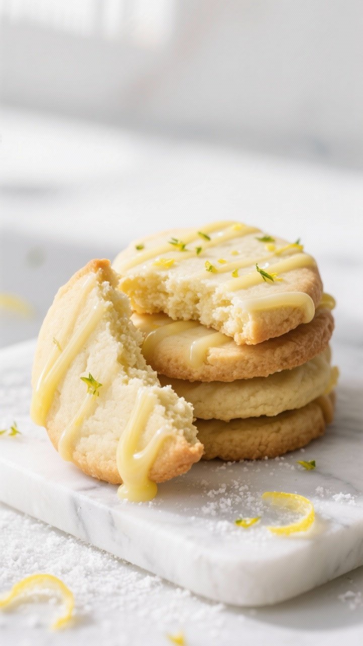 Close-up detail shot: A stack of freshly baked keto lemon shortbread cookies with lightly golden edg