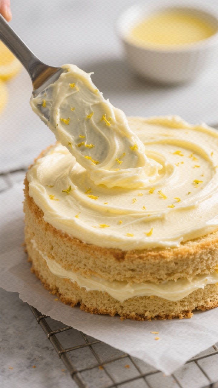 Close-up detail shot: A thick layer of silky lemon cream filling being spread between two fully cool