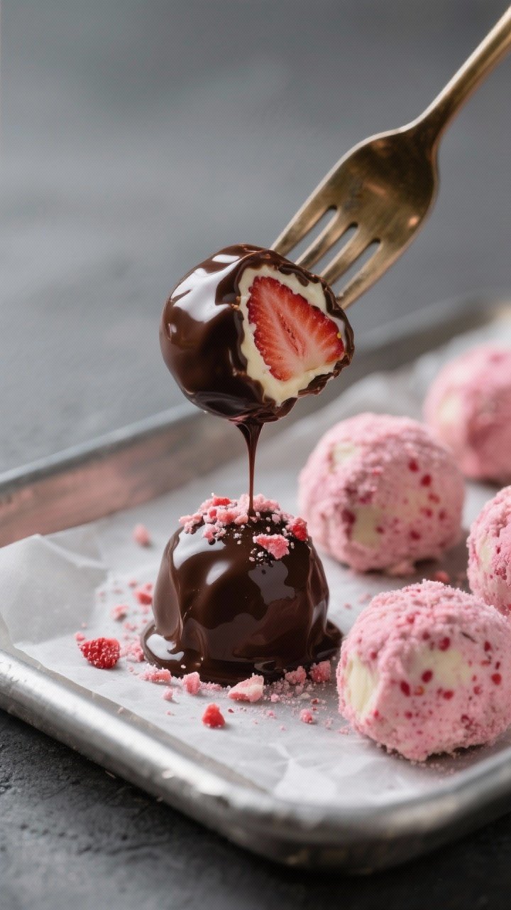 Close-up detail shot: A tray of chilled, no-bake keto strawberry truffles mid-dipping, one truffle l