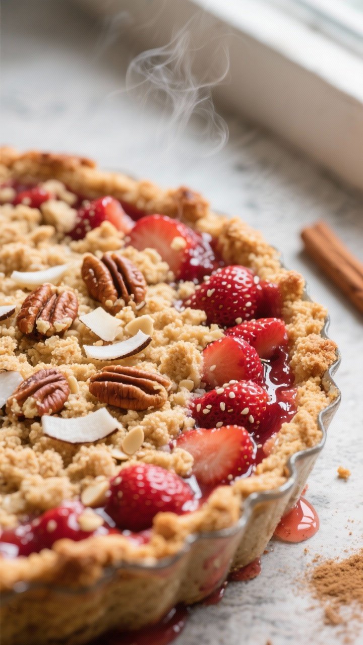 Close-up detail shot: A warm, freshly baked low-carb keto strawberry crumble just out of the oven, s