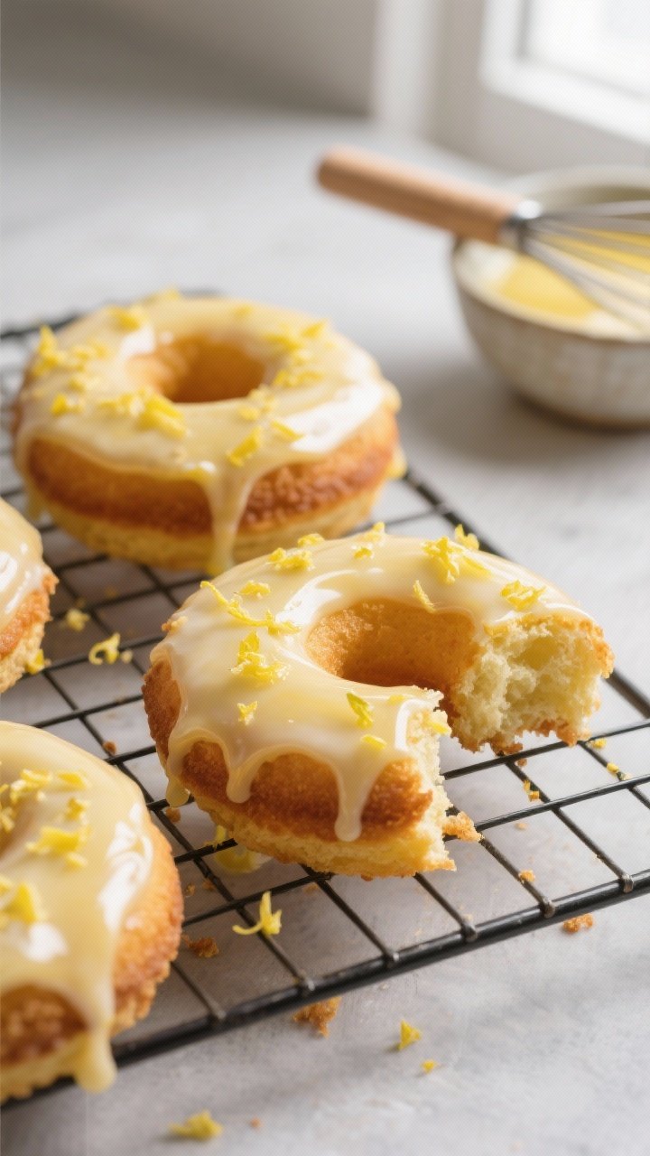 Close-up detail shot: freshly baked keto lemon donuts cooling on a wire rack, each donut dipped with