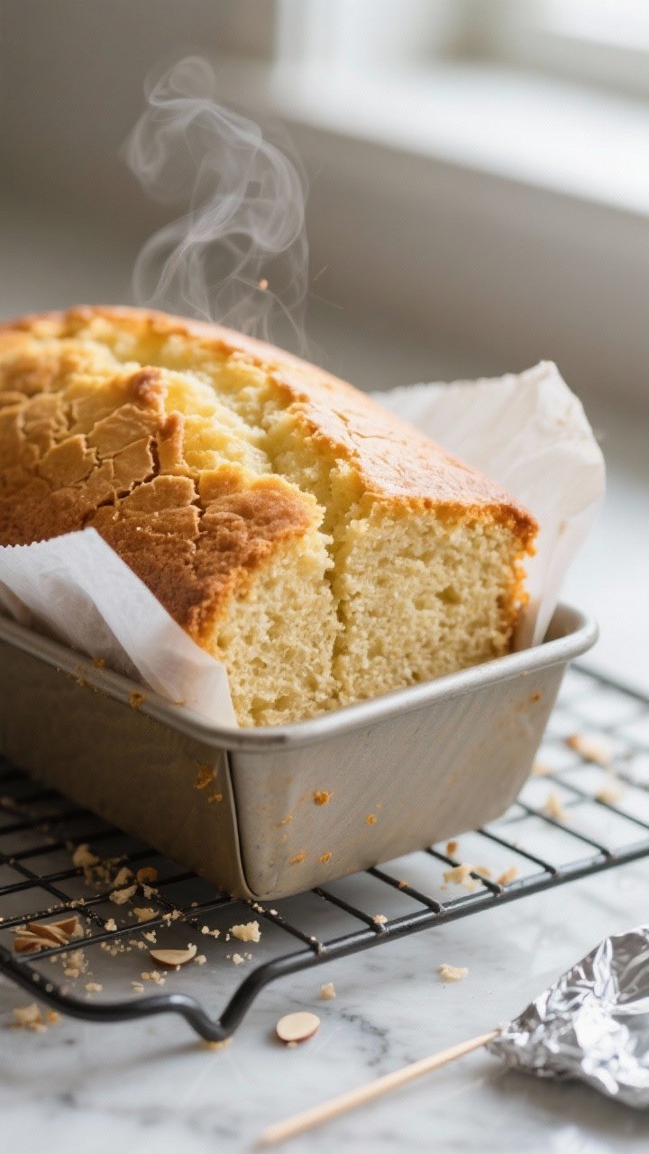 Close-up detail shot: freshly baked keto lemon pound cake loaf just lifted from the pan onto a cooli