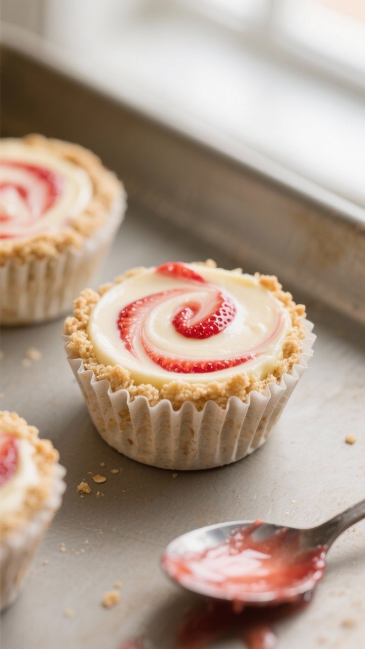 Close-up detail shot: freshly baked keto strawberry cheesecake bites just out of the tin and unwrapp