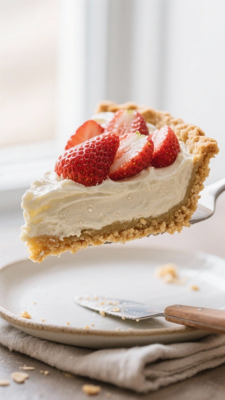 Close-up detail shot of a chilled Keto Strawberry Cream Pie slice being lifted cleanly from the pie