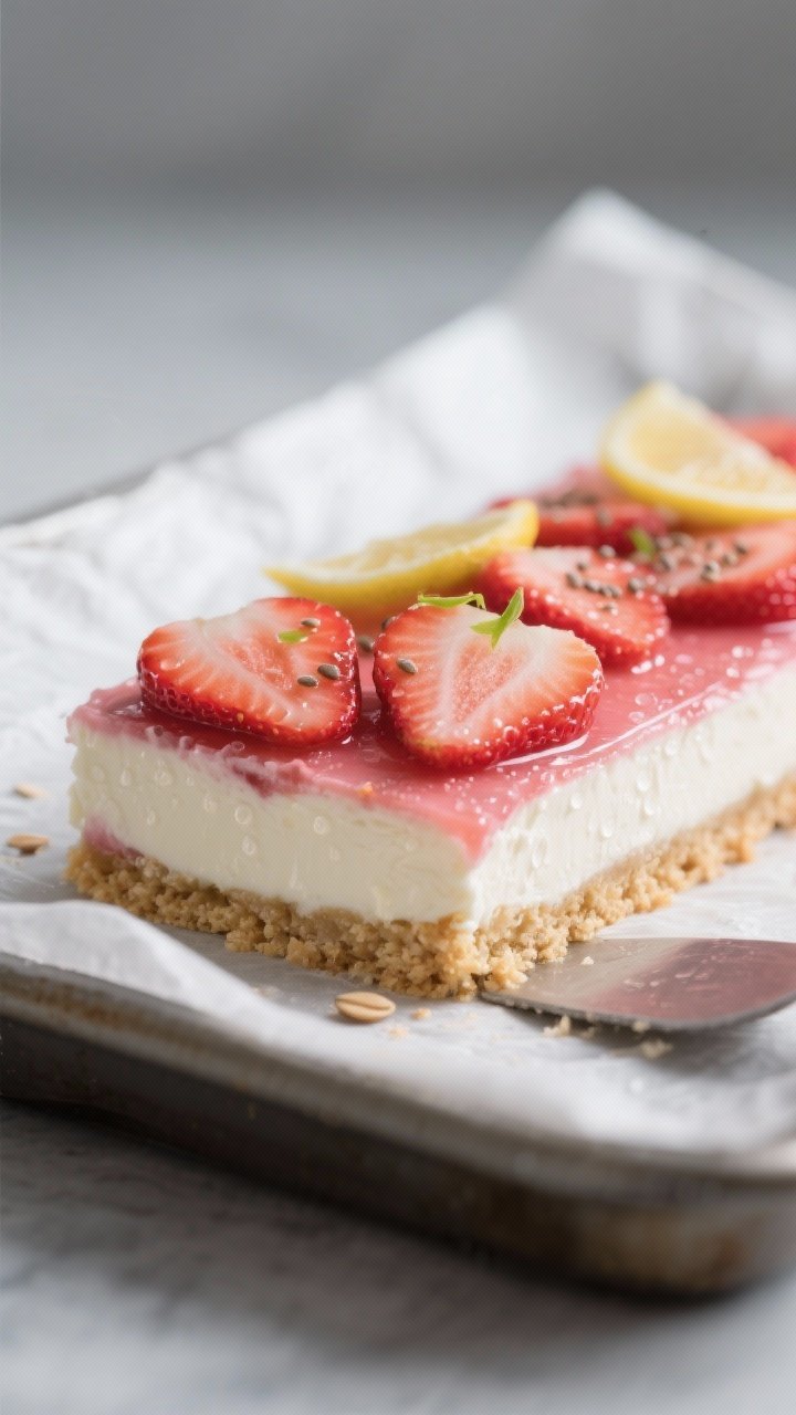 Close-up detail shot of a chilled, sliced No-Bake Keto Strawberry Cream Bar lifted from the parchmen