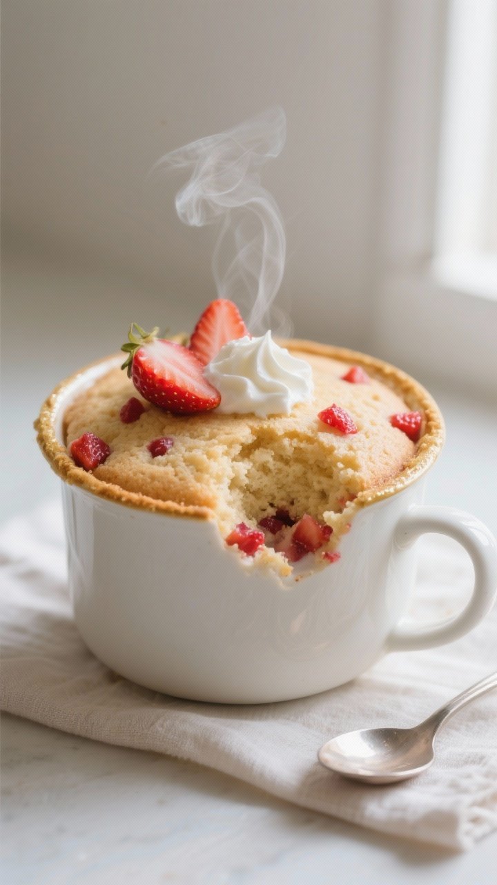 Close-up detail shot of a freshly microwaved keto strawberry mug cake still in the mug, top just set