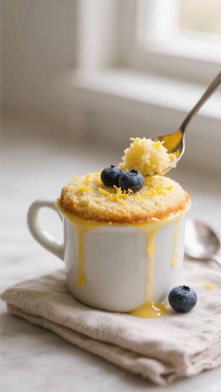Close-up detail shot of a freshly microwaved keto lemon mug cake still in the mug, top set and sprin