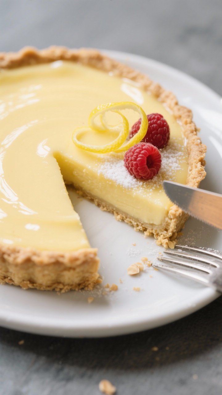 Close-up detail shot of a just-sliced Keto Lemon Tart showing a silky, custard-smooth lemon filling 