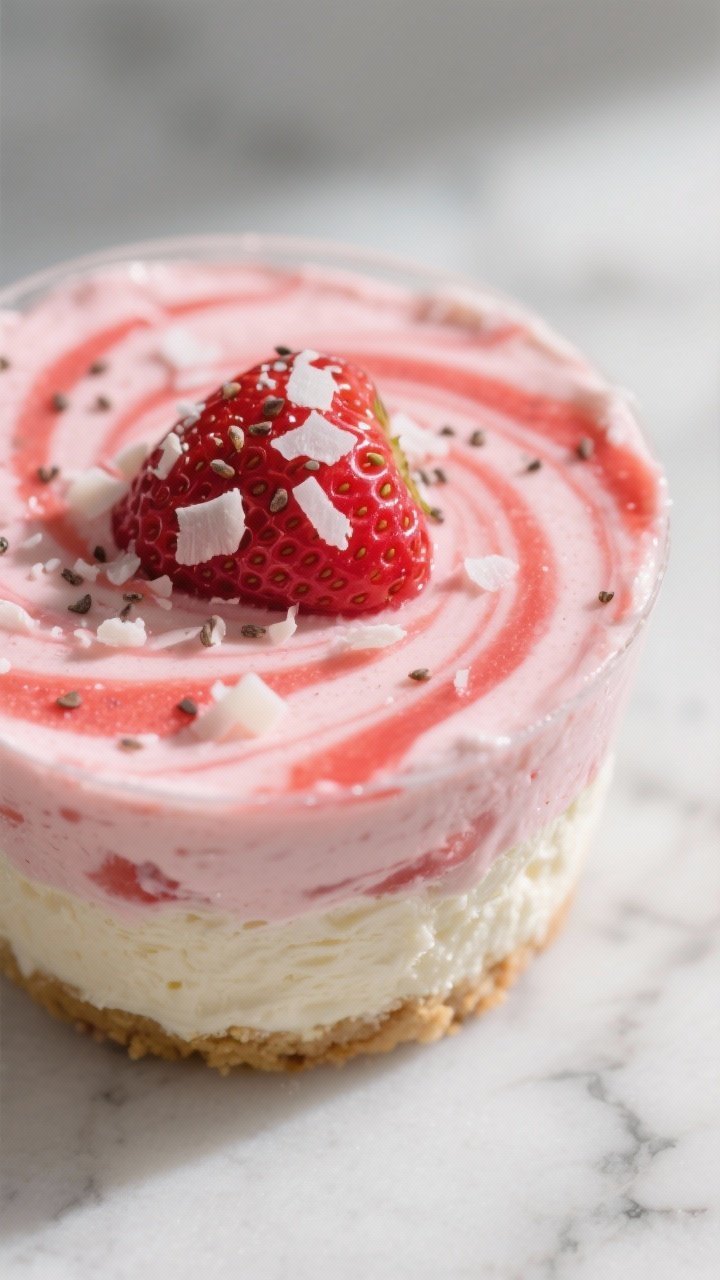 Close-up detail shot of a Keto Strawberry Coconut Cream Cup just after swirling, focus on the marble