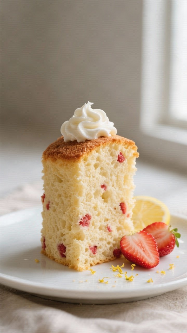 Close-up detail shot of a tall slice of Keto Strawberry Angel Food Cake on a matte white dessert pla