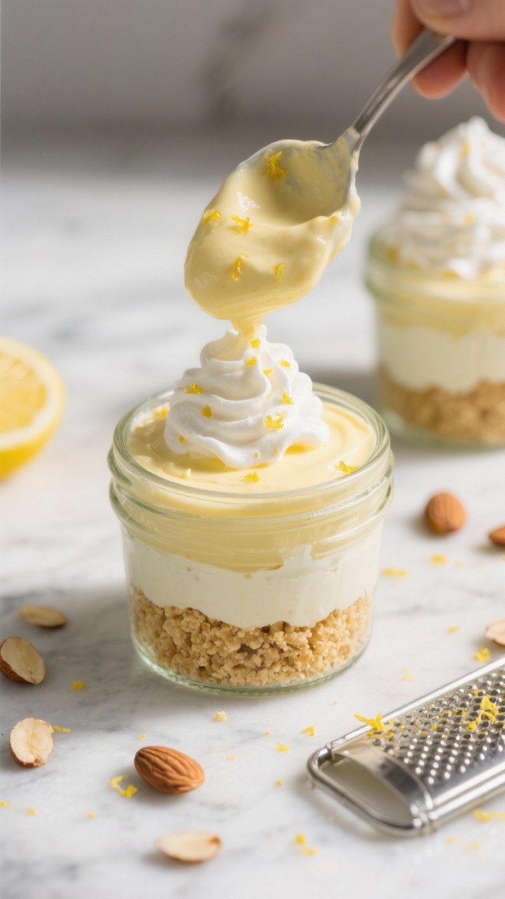 Close-up detail shot of assembled Keto Lemon Parfaits mid-process: a small glass jar being layered w