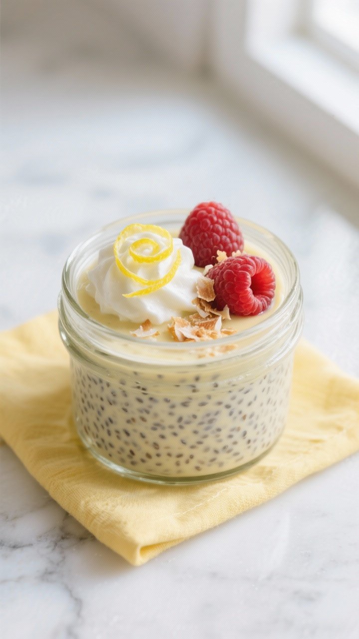 Close-up detail shot of chilled Keto Lemon Chia Pudding in a small clear glass jar, showing glossy, 