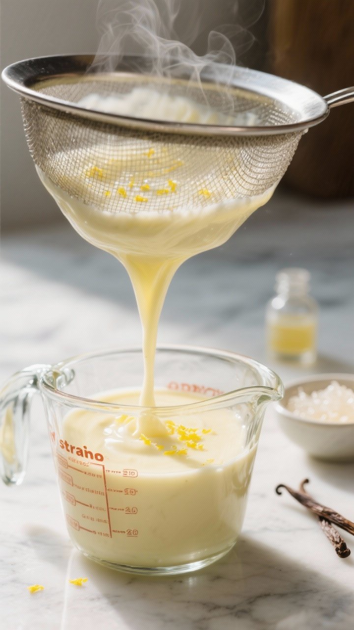 Close-up detail shot of silky keto lemon coconut pudding being poured through a fine-mesh sieve into