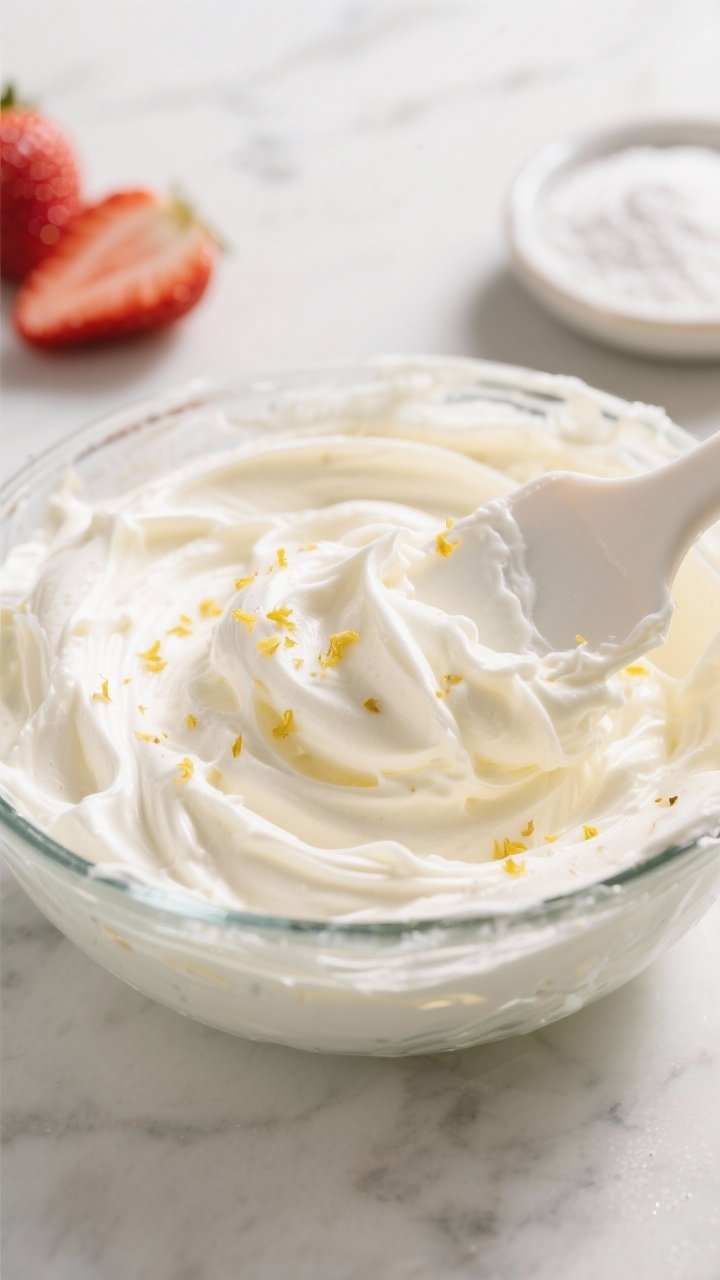Close-up detail shot of the prepared keto strawberry ricotta dessert during the “blend for smoothn