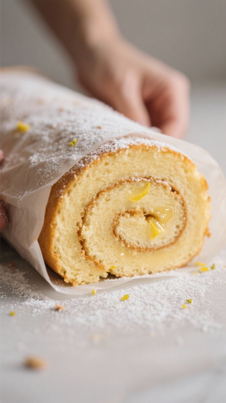 Close-up detail shot: Warm keto lemon sponge just out of the oven being rolled in parchment, surface