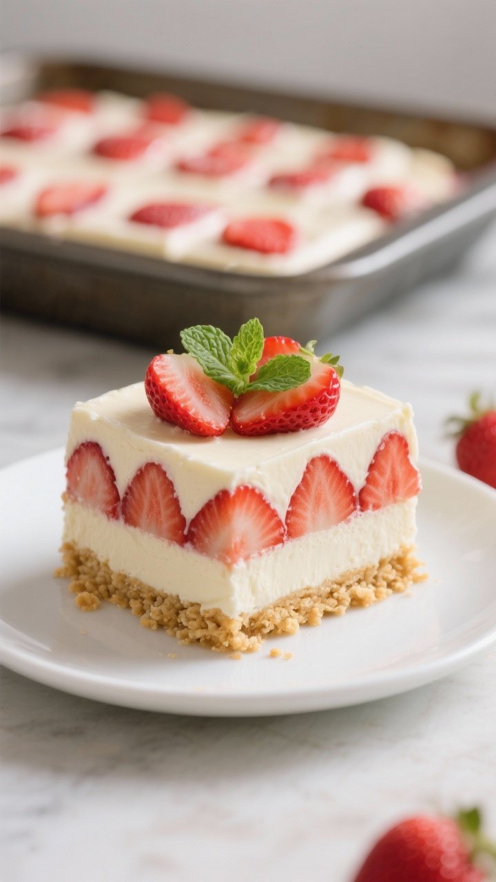 Close-up final presentation of a neatly sliced square of the No-Bake Keto Strawberry Icebox Dessert 