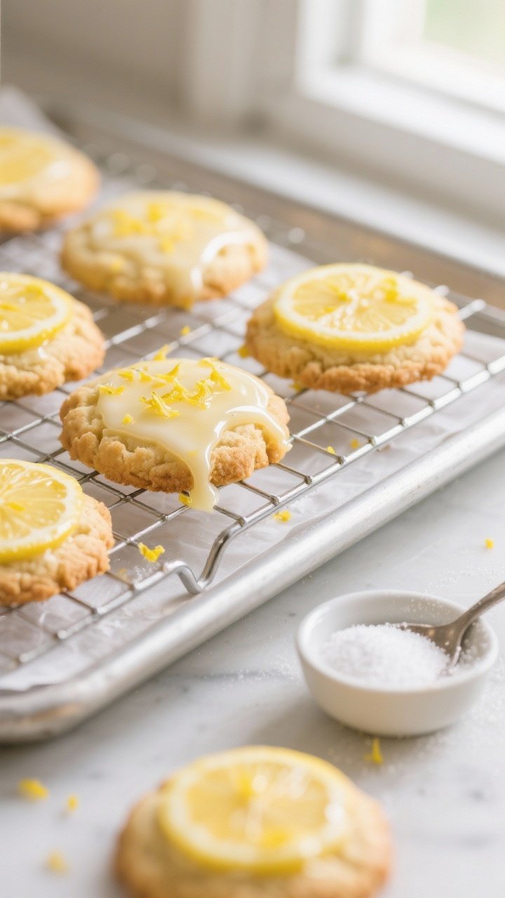 Close-up of freshly baked keto lemon cookies cooling on a wire rack, edges lightly golden with soft,