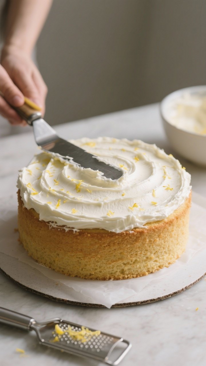 Close-up process shot of the cake being frosted: a cooled single round layer on a parchment-lined tu