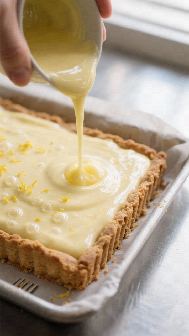 Close-up process shot of the creamy lemon filling being poured over the warm, prebaked almond crust;