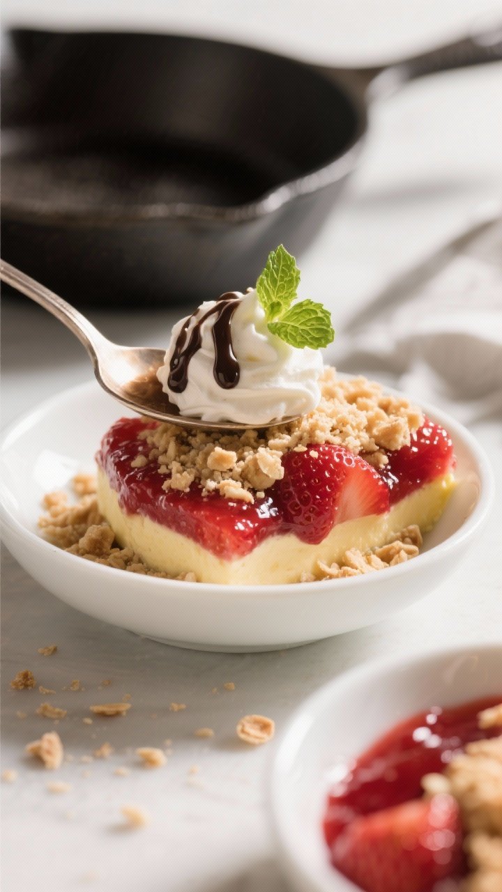 Close-up, three-quarter angle of a single warm serving spooned into a shallow white bowl: layers vis