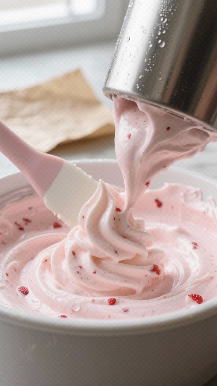 Cooking process – churn to soft-serve: Close-up of freshly churned keto strawberry ice cream at so