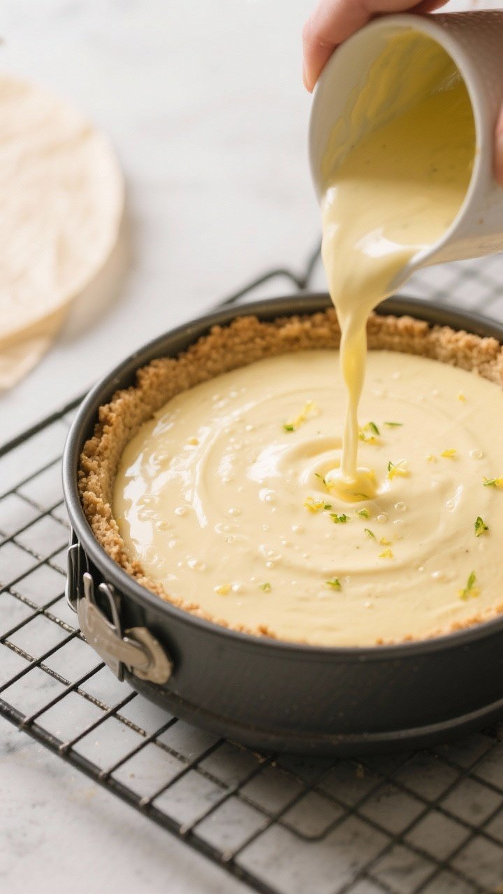 Cooking process close-up: A 9-inch springform pan with a lightly golden, pre-baked almond flour crus