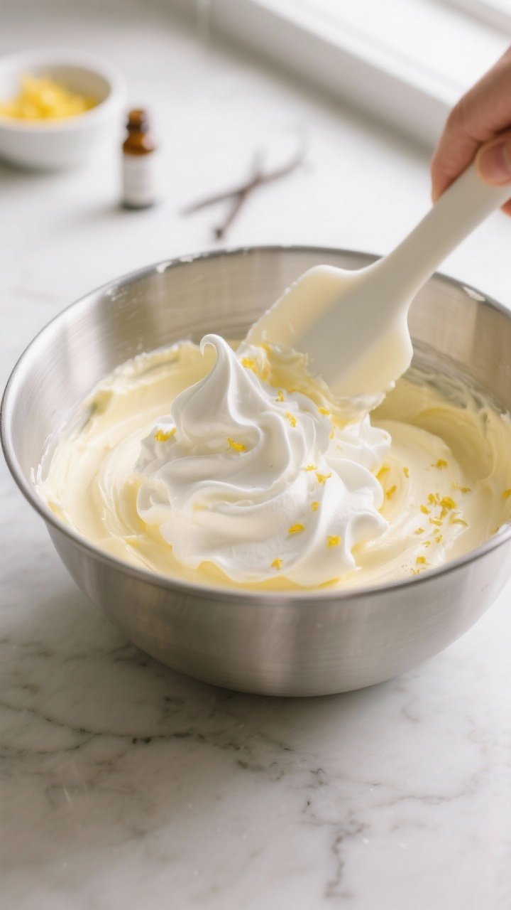 Cooking process close-up: A chilled stainless steel mixing bowl filled with freshly whipped heavy cr