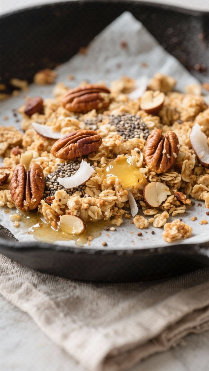 Cooking process close-up: A skillet of freshly toasted low-carb “granola” crumble made from almo