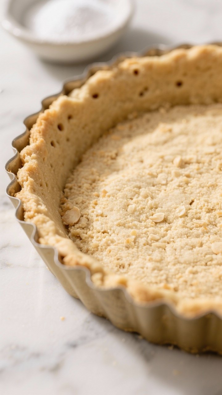 Cooking process, close-up detail: Close-up of a freshly baked almond flour tart crust in a 9-inch ta