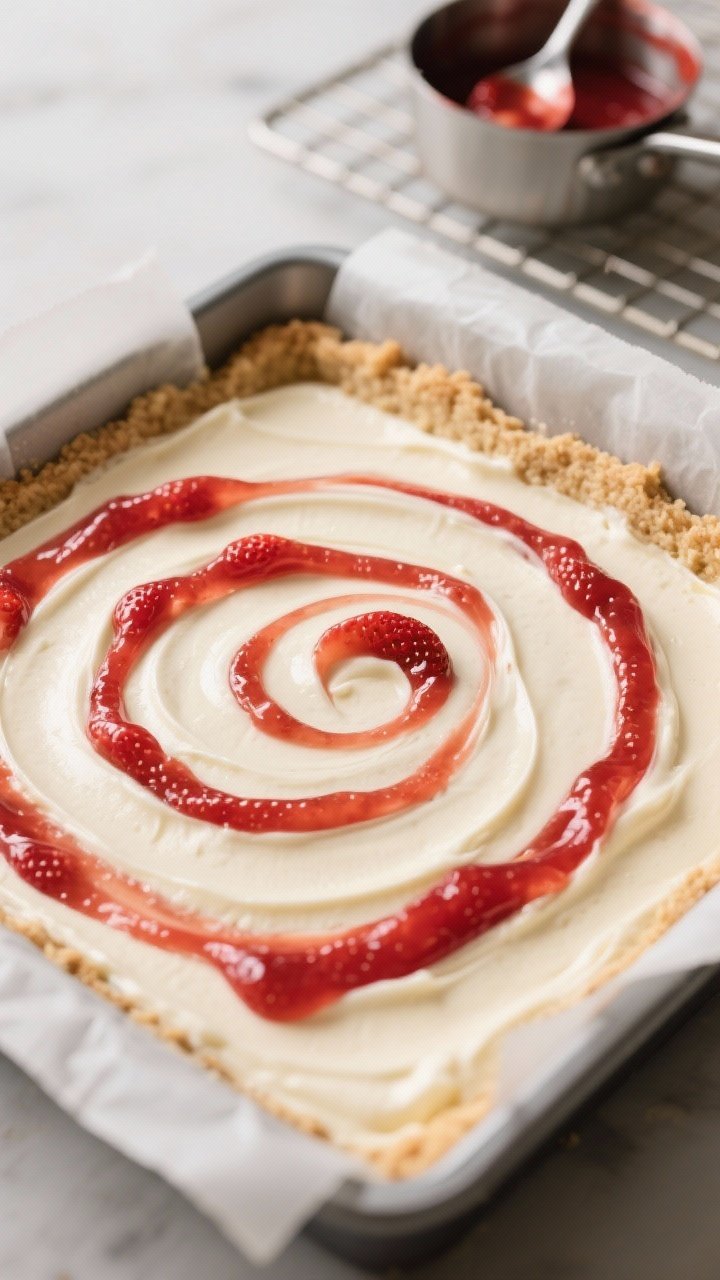 Cooking process, close-up detail: Close-up of an 8x8 pan just after swirling the strawberry compote 
