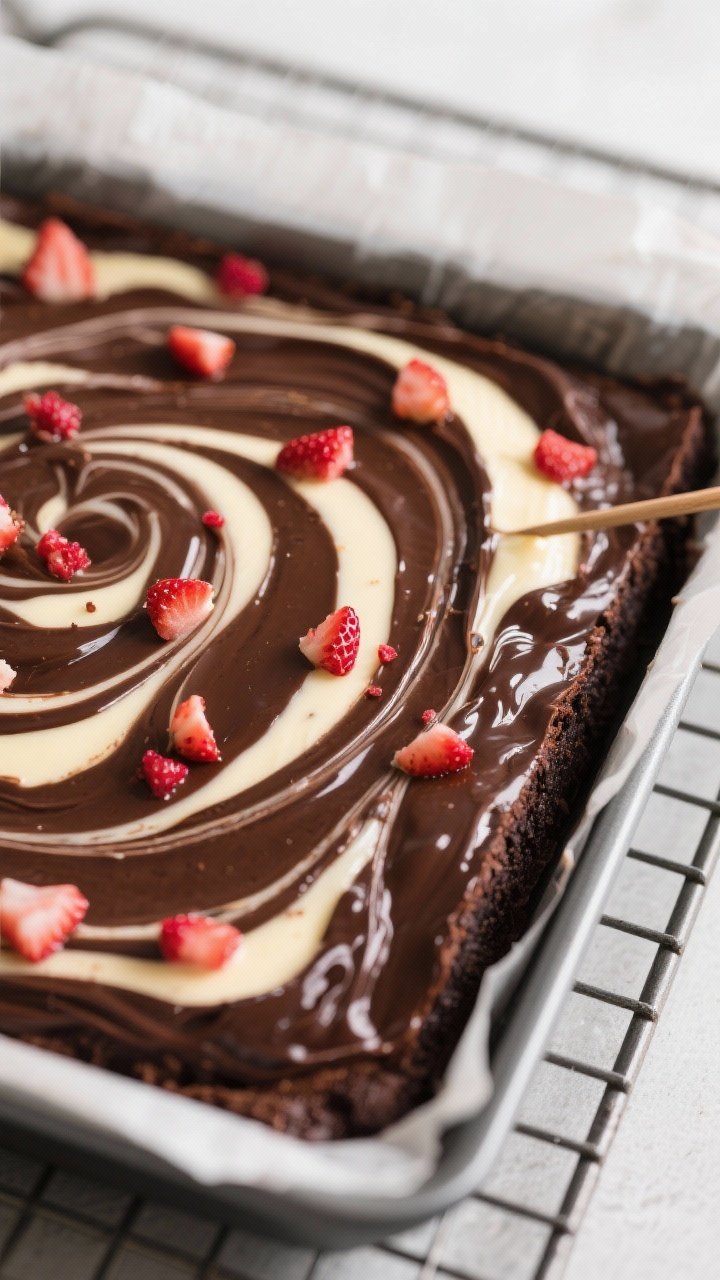 Cooking process, close-up detail: Close-up of keto strawberry cheesecake brownies just swirled and r