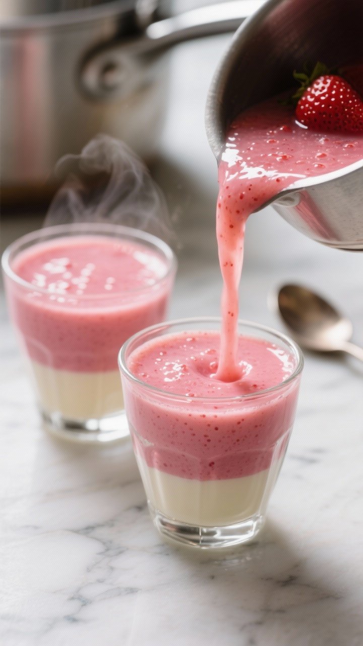 Cooking process, close-up detail: Close-up of the strawberry gelatin base being poured into small cl