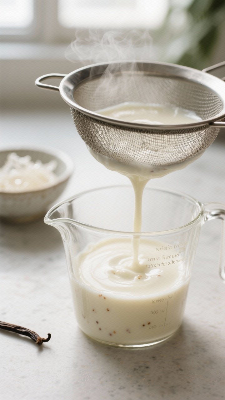 Cooking process, close-up detail: Silky keto vanilla panna cotta base being strained through a fine-